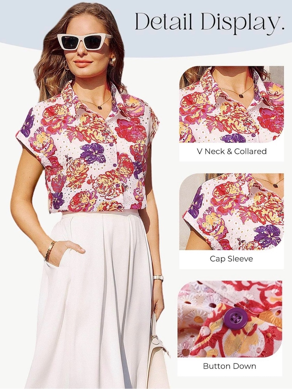 Grace Karin Floral Button-Down Crop Top - Purple, Pink, Yellow